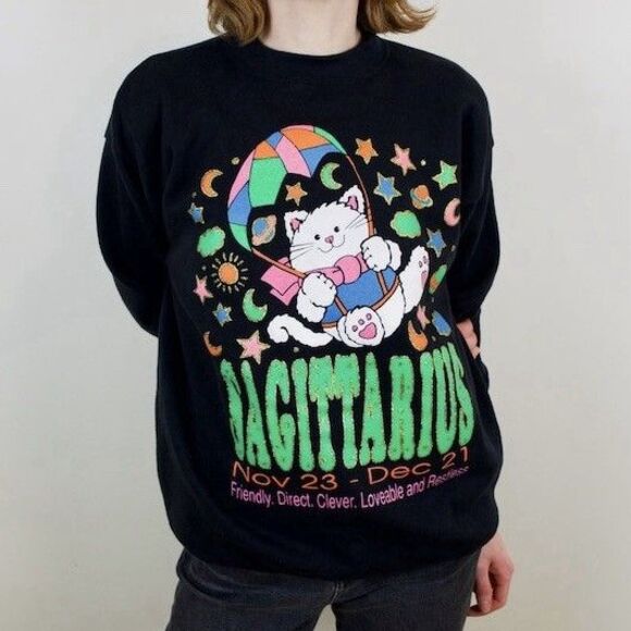 Vintage 90s Sagittarius Sweatshirt Cat Astrology Zodiac Black Pullover Sweater - Picture 1 of 6